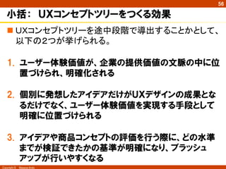 Copyright ©　Masaya Ando
56
小括：　ＵＸコンセプトツリーをつくる効果
n ＵＸコンセプトツリーを途中段階で導出することかとして、
以下の２つが挙げられる。
1.  ユーザー体験価値が、企業の提供価値の文脈の中に位
置づけられ、明確化される
2.  個別に発想したアイデアだけがＵＸデザインの成果とな
るだけでなく、ユーザー体験価値を実現する手段として
明確に位置づけられる
3.  アイデアや商品コンセプトの評価を行う際に、どの水準
までが検証できたかの基準が明確になり、ブラッシュ
アップが行いやすくなる
 