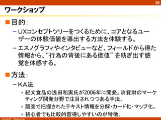 Copyright ©　Masaya Ando
58
ワークショップ
n 目的：
– ＵＸコンセプトツリーをつくるために、コアとなるユー
ザーの体験価値を導出する方法を体験する。
– エスノグラフィやインタビューなど、フィールドから得た
情報から、“行為の背後にある価値” を紡ぎ出す感
覚を体感する。
n 方法：
– ＫＡ法
•  紀文食品の浅田和実氏が2006年に開発。消費財のマーケ
ティング開発分野で注目されつつある手法。	
•  調査で把握されたテキスト情報を分解・カード化・マップ化。
•  初心者でも比較的習得しやすいのが特徴。	
 