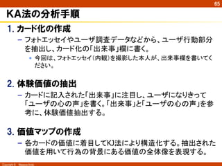 Copyright ©　Masaya Ando
65
ＫＡ法の分析手順
1.  カード化の作成
–  フォトエッセイやユーザ調査データなどから、ユーザ行動部分
を抽出し、カード化の「出来事」欄に書く。
•  今回は、フォトエッセイ（内観）を撮影した本人が、出来事欄を書いてく
ださい。
2.  体験価値の抽出
–  カードに記入された「出来事」に注目し、ユーザになりきって
「ユーザの心の声」を書く。「出来事」と「ユーザの心の声」を参
考に、体験価値抽出する。
3.  価値マップの作成
–  各カードの価値に着目してKJ法により構造化する。抽出された
価値を用いて行為の背景にある価値の全体像を表現する。	
 