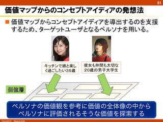 Copyright ©　Masaya Ando
81
価値マップ	
価値マップからのコンセプトアイディアの発想法
n 価値マップからコンセプトアイディアを導出するのを支援
するため、ターゲットユーザとなるペルソナを用いる。	
キッチンで娘と楽し
く過ごしたい３５歳	
彼女も仲間も大切な
２０歳の男子大学生	
ペルソナの価値観を参考に価値の全体像の中から
ペルソナに評価されるそうな価値を探索する
 
