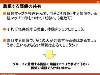 Copyright ©　Masaya Ando
86
着眼する価値の共有
n 価値マップを読み込んで、自分が「共感」する価値を、価
値マップに印をつけてください。（複数可）
n それぞれ共感する理由、体験をシェアしましょう。
n 着目する価値で、多くの人が共感する価値はあるでしょ
うか。思いもよらない解釈はあるでしょうか？	
グループで着眼する価値の候補を３つほど挙げて下さい
価値の連鎖でもかまいません
 