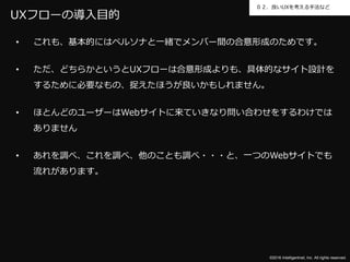 ©2016 Intelligentnet, Inc. All rights reserved.
０２．良いUXを考える手法など
UXフローの導入目的
• これも、基本的にはペルソナと一緒でメンバー間の合意形成のためです。
• ただ、どちらかというとUXフローは合意形成よりも、具体的なサイト設計を
するために必要なもの、捉えたほうが良いかもしれません。
• ほとんどのユーザーはWebサイトに来ていきなり問い合わせをするわけでは
ありません
• あれを調べ、これを調べ、他のことも調べ・・・と、一つのWebサイトでも
流れがあります。
 