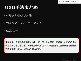 ©2016 Intelligentnet, Inc. All rights reserved.
０２．良いUXを考える手法など
UXD手法まとめ
• ペルソナ/シナリオ法
• カスタマージャーニーマップ
• UXフロー
他にもたーくさんあります。ストーリーボード、ウォークスルー、デプスイン
タビューなどなどなど。でもとりあえず上の３つをおさえておけばあとは派生
で取捨選択していけば良いと思います。
 
