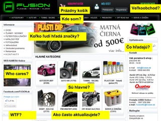 Veľkoobchod?
                           Prázdny košík

                            Kde som?



             Koľko ľudí hľadá značky?

                                                   Čo hľadajú?




Who cares?


                               Sú hlavné?




  WTF?                  Ako často aktualizujete?
 