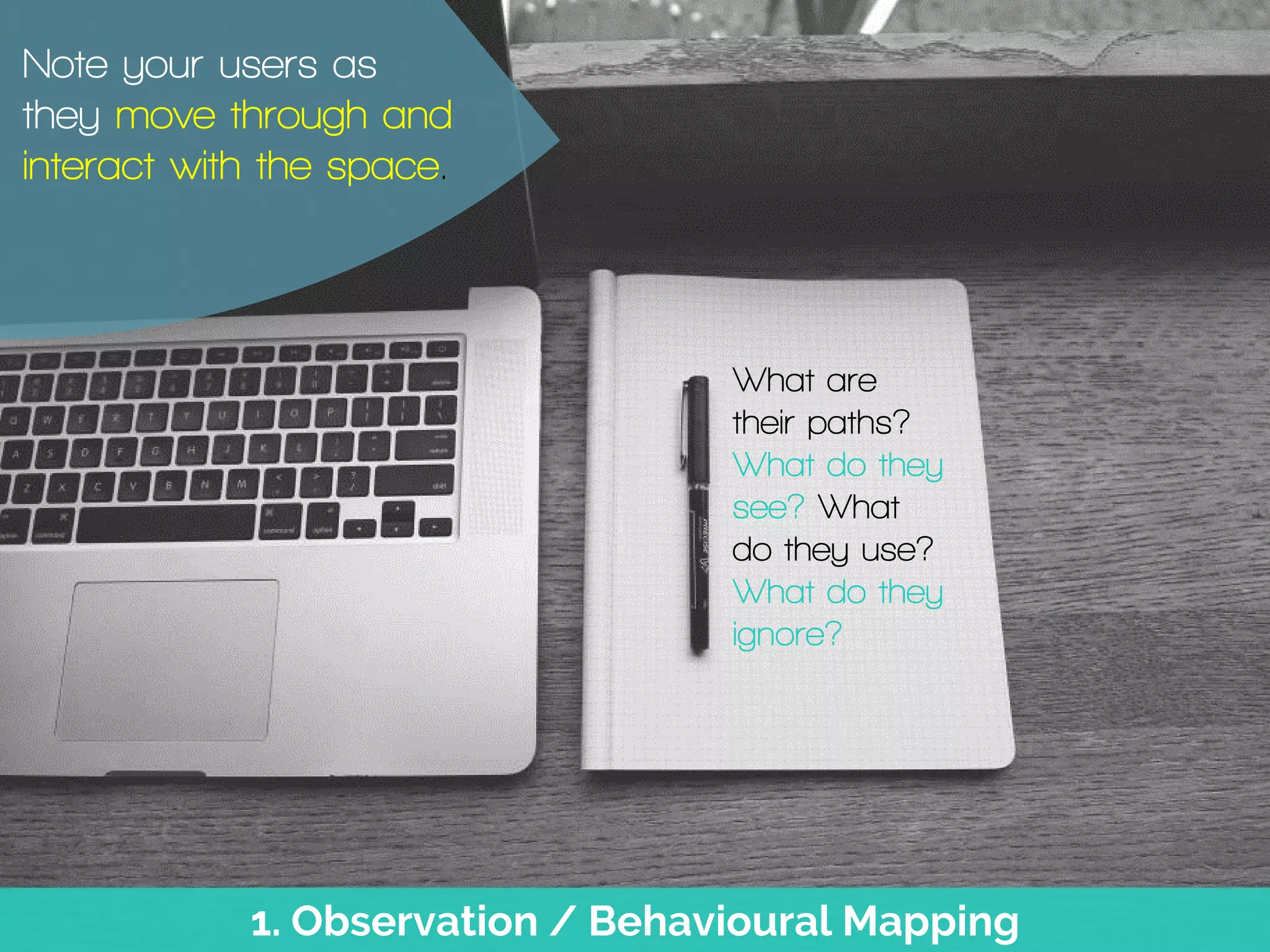 1. Observation / Behavioural Mapping
Note your users as
they move through and
interact with the space.
What are
their paths?
What do they
see? What
do they use?
What do they
ignore?
 