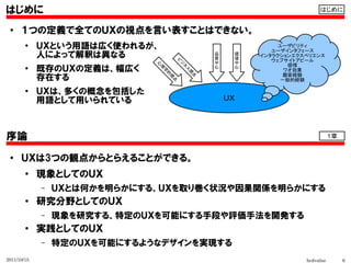はじめに                                                             はじめに


 ●    １つの定義で全てのＵＸの視点を言い表すことはできない。
        ●
             ＵＸという用語は広く使われるが、                         ユーザビリティ
                                                    ユーザインタフェース
             人によって解釈は異なる                品
                                        質
                                             価
                                             値
                                                 インタラクションエクスペリエンス
                                        中    中      ウェブサイトアピール
                                                         感情




                              心
             既存のＵＸの定義は、幅広く              心    心




                               理
        ●
                                                        ワオ効果




                                学
                                   的
                                                        顧客経験
             存在する




                                    視
                                                       一般的経験




                                    点
        ●
             ＵＸは、多くの概念を包括した
             用語として用いられている                   ＵＸ



序論                                                                     １章


 ●
      ＵＸは3つの観点からとらえることができる。
        ●
             現象としてのＵＸ
             –   ＵＸとは何かを明らかにする、ＵＸを取り巻く状況や因果関係を明らかにする
        ●    研究分野としてのＵＸ
             –   現象を研究する、特定のＵＸを可能にする手段や評価手法を開発する
        ●
             実践としてのＵＸ
             –   特定のＵＸを可能にするようなデザインを実現する
2011/10/15                                                  hcdvalue        6
 