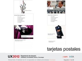 tarjetas postales
                        Experiencia de Usuario
                        Usabilidad, Accesibilidad, Diseño y Tecnología

Michael Dorka | El diseñador de UX. Un especialista con múltiples personalidades | Sociológos   Diapositivo 34 de 68
 