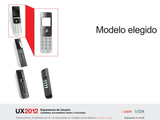 Modelo elegido




                        Experiencia de Usuario
                        Usabilidad, Accesibilidad, Diseño y Tecnología

Michael Dorka | El diseñador de UX. Un especialista con múltiples personalidades | Graphic Design   Diapositivo 56 de 68
 