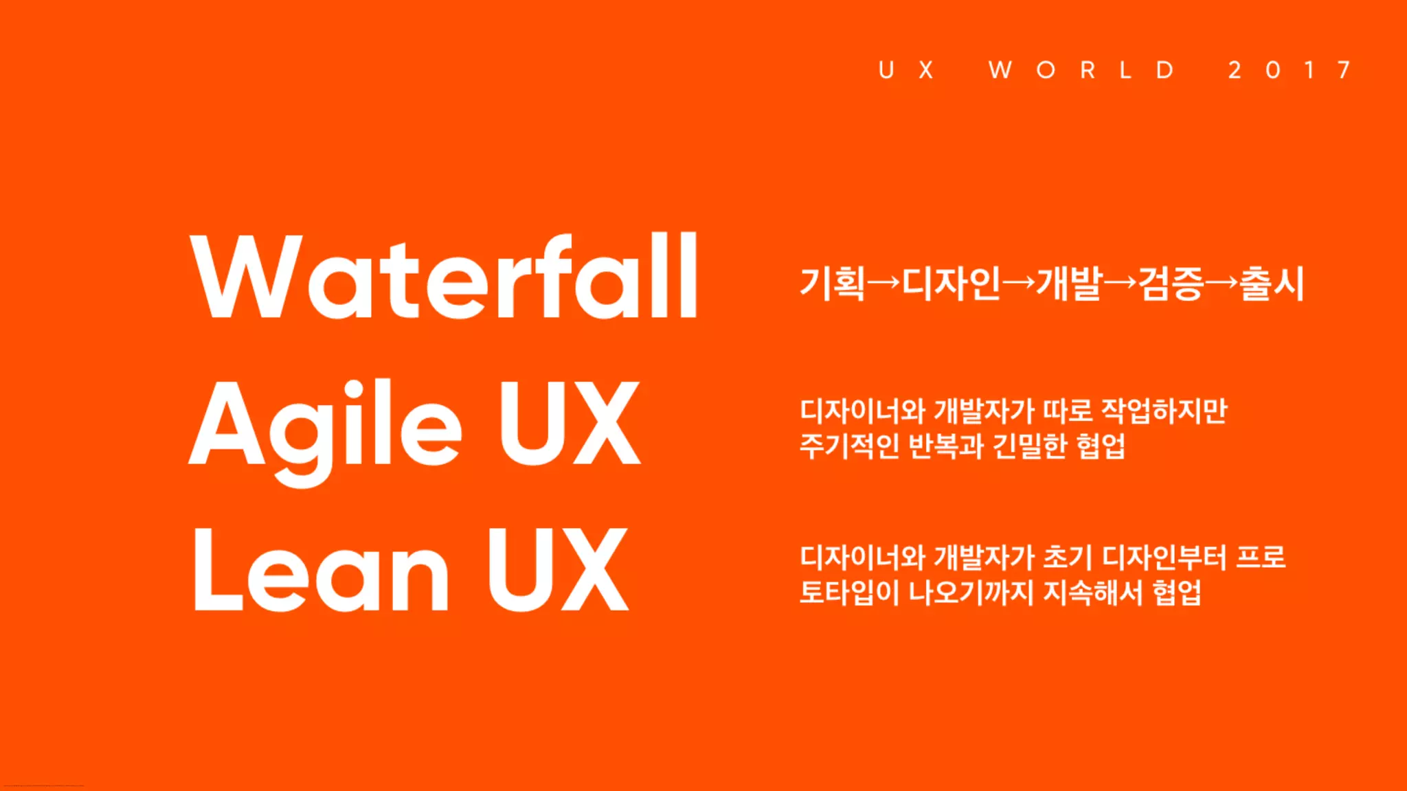 Waterfall 기획→디자인→개발→검증→출시 Agile UX 디자이너와 개발자가 따로 작업하지만 주기적인 반복과 긴밀한 협업 Lean UX 디자이너와 개발자가 초기 디자인부터 프로토타입이 나오기까지 지속해서 협업
 