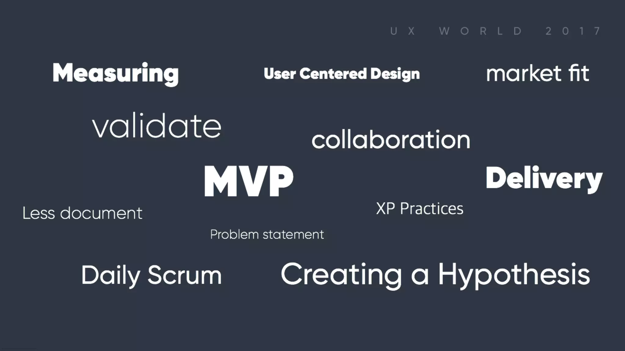 Measuring User Centered Design market ﬁt validate collaboration MVP Delivery Less document XP Practices Problem statement lean canvas Daily Scrum Creating a Hypothesis

 
