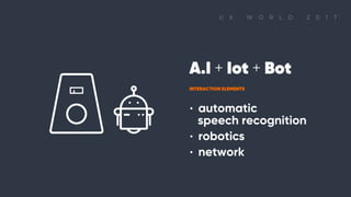 A.I + Iot + Bot INTERACTION ELEMENTS ∙ automatic speech recognition ∙ robotics ∙ network
 