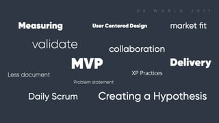 Measuring User Centered Design market ﬁt validate collaboration MVP Delivery Less document XP Practices Problem statement lean canvas Daily Scrum Creating a Hypothesis

 