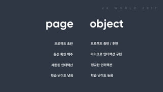 page 프로젝트 초반, 동선 확인 위주, 제한된 인터랙션, 학습 난이도 낮음 object 프로젝트 중반 / 후반, 마이크로 인터랙션 구현, 정교한 인터랙션, 학습 난이도 높음
 