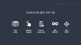 프로토타이핑 툴의 선택 기준 : 학습난이도 / 인터랙션 구현능력 / 디바이스 테스트 유무 / 툴의 업데이트 / 공유 편의성
 