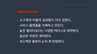 프로토타이핑의 원칙 ∙ 누구에게 어떻게 공유할지 미리 정한다. ∙ 서비스 플랫폼을 이해하고 만든다. ∙ 높은 퀄리티보다는 다양한 케이스로 제작한다. ∙ 필요한 부분만 제작한다. ∙ 피드백은 충분히 논의 후 반영한다.
 