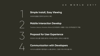 U X W O R L D 2 0 1 7
1. Simple Install, Easy Viewing 프로토타입들을 간편하게 설치하고, 확인. 2. Mobile Interaction Develop Transition, Gesture, Animation, Motion 등 모바일에서 사용할 수 있는 인터랙션을 연구 개발. 3. Proposal for User Experience 카카오의 서비스를 다양한 생각과 시각으로 설계하고, 뛰어난 UX를 제안. 4. Communication with Developers 사내 Github를 통해 개발자들과 소스를 공유하고, 긴밀한 커뮤니케이션을 유도.
 