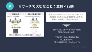 https://liskul.com/customer-perspective-1513

『ユーザ中心ウェブサイト戦略』
リサーチで大切なこと：意見<行動
協力のお礼に持って帰ったのは全員

「普通の白い丸いお皿」

↓

行動に現れるのは現実的な理由

「4人家族なので」

「家の食器棚に並べられないので」
食器メーカーが行ったグループインタビュー

「次に買うとしたらどんな食器が欲しいか？」

主婦5人の結論は「黒い四角いお皿」
 