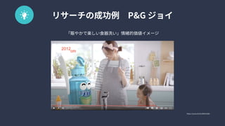 https://youtu.be/kLSWDvl268c
リサーチの成功例　P&G ジョイ
「賑やかで楽しい食器洗い」情緒的価値イメージ
 