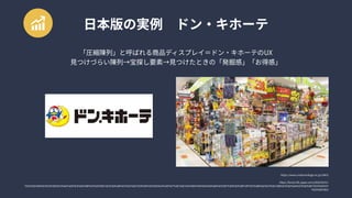 日本版の実例　ドン・キホーテ
https://www.creativevillage.ne.jp/19831


https://forest-life-japan.com/2020/03/01/
%E3%83%89%E3%83%B3%E3%82%AD%E3%83%9B%E3%83%BC%E3%83%86%E3%81%8C%E9%9D%92%E6%A3%AE%E7%9C%8C%E4%BA%94%E6%89%80%E5%B7%9D%E5%8E%9F%E5%B8%82%E3%81%B8%E3%82%AA%E3%83%BC%E3%83%97
%E3%83%B3/
「圧縮陳列」と呼ばれる商品ディスプレイ＝ドン・キホーテのUX

見つけづらい陳列→宝探し要素→見つけたときの「発掘感」「お得感」
 