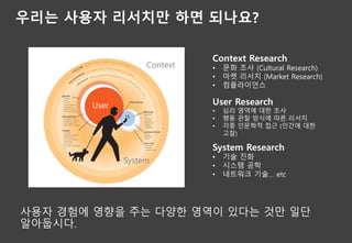 우리는 사용자 리서치만 하면 되나요?
사용자 경험에 영향을 주는 다양한 영역이 있다는 것만 일단
알아둡시다.
Context Research
• 문화 조사 (Cultural Research)
• 마켓 리서치 (Market Research)
• 컴플라이언스
User Research
• 심리 영역에 대한 조사
• 행동 관찰 방식에 따른 리서치
• 각종 인문학적 접근 (인간에 대한
고찰)
System Research
• 기술 진화
• 시스템 공학
• 네트워크 기술… etc
Context
User
System
 