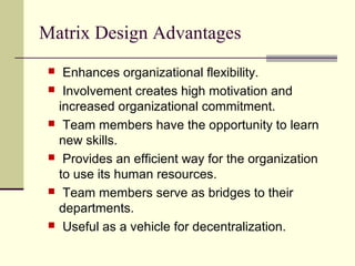 Matrix Design Advantages
 Enhances organizational flexibility.
 Involvement creates high motivation and
increased organizational commitment.
 Team members have the opportunity to learn
new skills.
 Provides an efficient way for the organization
to use its human resources.
 Team members serve as bridges to their
departments.
 Useful as a vehicle for decentralization.
 