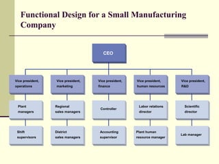 Functional Design for a Small Manufacturing
Company
CEO
Vice president,
operations
Vice president,
marketing
Vice president,
finance
Vice president,
human resources
Vice president,
R&D
Scientific
director
Labor relations
director
Plant human
resource manager
Controller
Accounting
supervisor
Regional
sales managers
District
sales managers
Plant
managers
Shift
supervisors
Lab manager
 