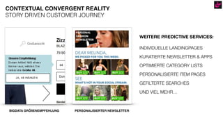 CONTEXTUAL CONVERGENT REALITY
STORY DRIVEN CUSTOMER JOURNEY
PERSONALISIERTER NEWSLETTERBIGDATA GRÖßENEMPFEHLUNG
WEITERE PREDICTIVE SERVICES:
INDIVIDUELLE LANDINGPAGES
KURATIERTE NEWSLETTER & APPS
OPTIMIERTE CATEGORY LISTS
PERSONALISIERTE ITEM PAGES
GEFILTERTE SEARCHES
UND VIEL MEHR…
 