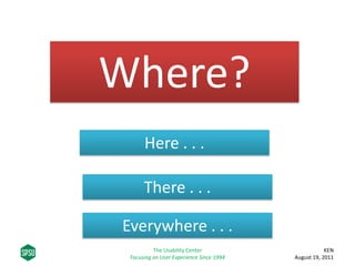 Where?
Here . . .
There . . .
Everywhere . . .
KEN
August 19, 2011
The Usability Center
Focusing on User Experience Since 1994
 