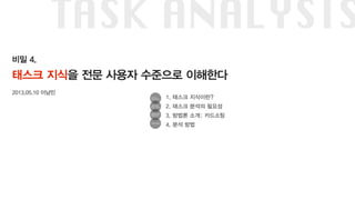 비밀 4.
태스크 지식을 전문 사용자 수준으로 이해한다
2013.05.10 이남민
1. 태스크 지식이란?
2. 태스크 분석의 필요성
3. 방법론 소개: 카드소팅
4. 분석 방법
TASK ANALYSIS
 