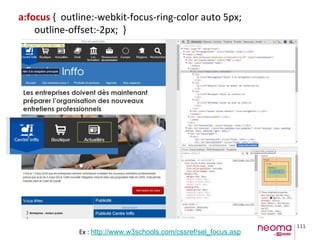 111
a:focus { outline:-webkit-focus-ring-color auto 5px;
outline-offset:-2px; }
Ex : http://www.w3schools.com/cssref/sel_focus.asp
 
