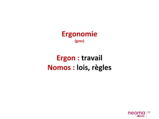 21
Ergonomie
(grec)
Ergon : travail
Nomos : lois, règles
 