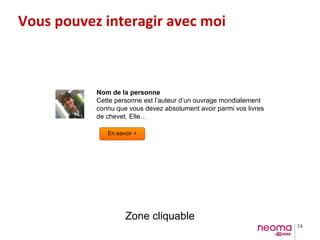 74
Nom de la personne
Cette personne est l’auteur d’un ouvrage mondialement
connu que vous devez absolument avoir parmi vos livres
de chevet. Elle…
En savoir +
Zone cliquable
Vous pouvez interagir avec moi
 