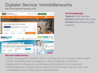 Digitaler Service: Immobiliensuche
Wer sucht eigentlich gerade nicht?
Was kam dabei heraus:
• Suche von geeigneten Objekten steht im Vordergrund - Suchkriterien direkt googeln
• Art der Immobiliensuche abhängig von Lebensumständen und Motiven
• Regionalität von Angeboten und Hintergrundinformationen sind erwünscht
• Mobile Webseite und App kommunizieren nicht miteinander, was dazu führt, dass
Kontaktdaten immer wieder auf der Strecke bleiben.
Forschungsdesign
Tagebuch: Such Up-date
Kontext: Motivation der Suche
Emotion: Was motiviert oder
frustriert
 
