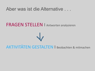 Aber was ist die Alternative . . .
FRAGEN STELLEN I Antworten analysieren
AKTIVITÄTEN GESTALTEN I Beobachten & mitmachen
 