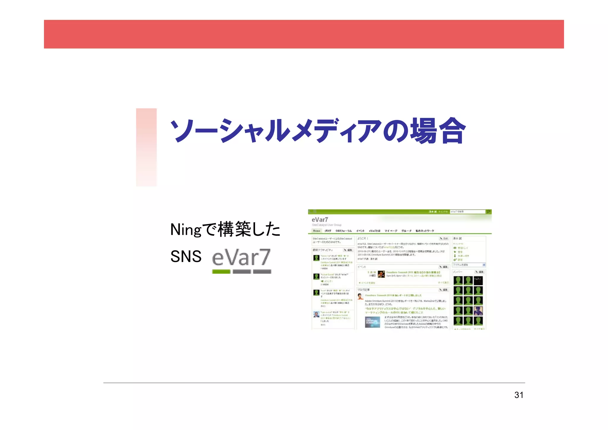 ソーシャルメディアの場合


Ningで構築した
SNS 「eVar7」




               31
 