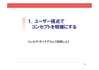 １．ユーザー視点で
 コンセプトを明確にする

コンセプトダイアグラムで図解しよう




                    12
 