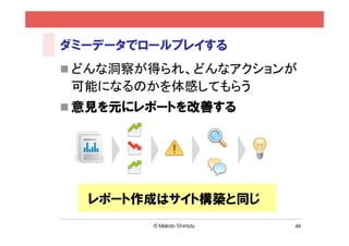 ダミーデータでロールプレイする
 どんな洞察が得られ、どんなアクションが
 可能になるのかを体感してもらう
 意見を元にレポートを改善する




  レポート作成はサイト構築と同じ
                    44
 