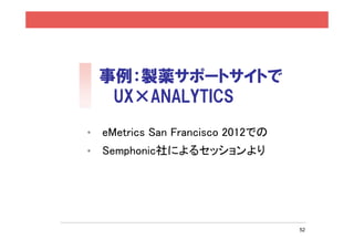事例：製薬サポートサイトで
     UX×ANALYTICS

•   eMetrics San Francisco 2012での
•   Semphonic社によるセッションより




                                    52
 