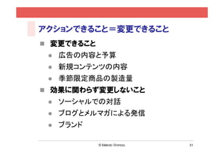 31
５. 縦と横の軸は何を表すのか考える
軸を作る＝ゴールの因数分解
軸の例
l 継続（時間）←フツー
l レベル（経験値）
l 知識量
l モチベーション
l 達成度
l 満⾜度
知識量
モチベーション
 