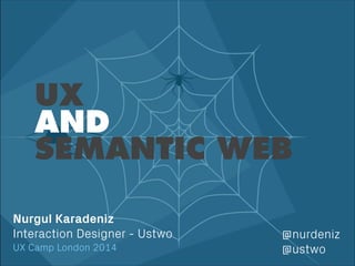 !
Nurgul Karadeniz
Interaction Designer - Ustwo
UX Camp London 2014
UX
AND 
SEMANTIC WEB
@nurdeniz
@ustwo
 