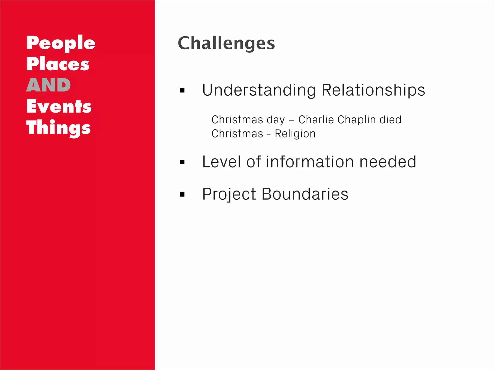 !
Understanding Relationships
Christmas day – Charlie Chaplin died
Christmas - Religion
Level of information needed
Project Boundaries
ChallengesPeople
Places
AND
Events
Things
 