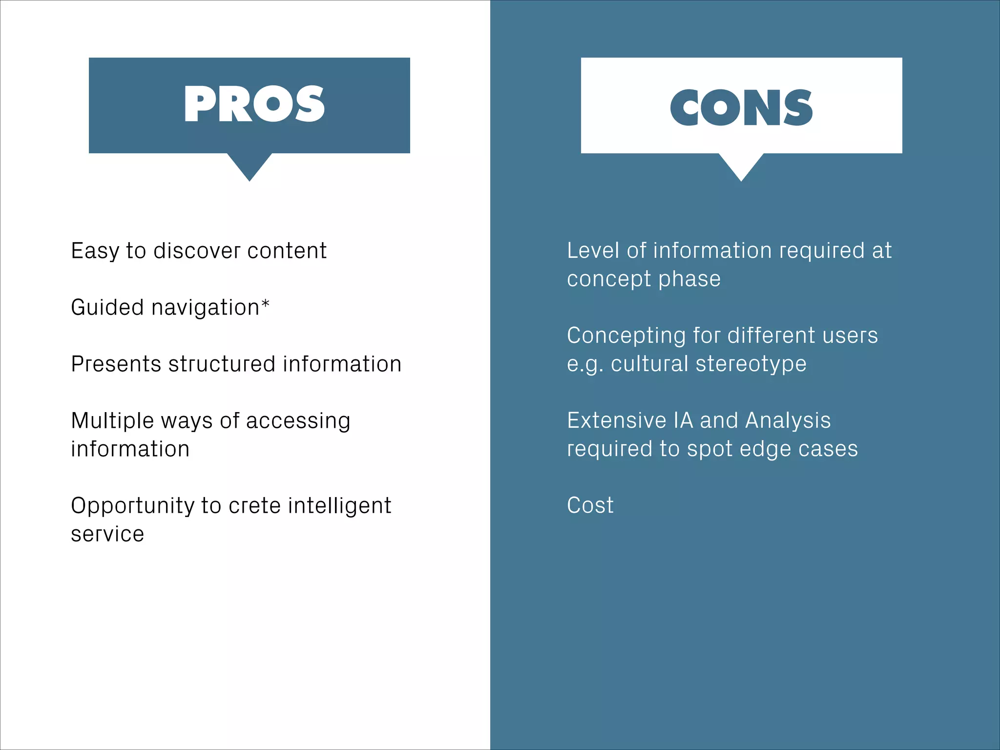 CONSPROS
Level of information required at
concept phase
!
Concepting for different users
e.g. cultural stereotype
!
Extensive IA and Analysis
required to spot edge cases
!
Cost
Easy to discover content
!
Guided navigation*
!
Presents structured information
!
Multiple ways of accessing
information
!
Opportunity to crete intelligent
service
 