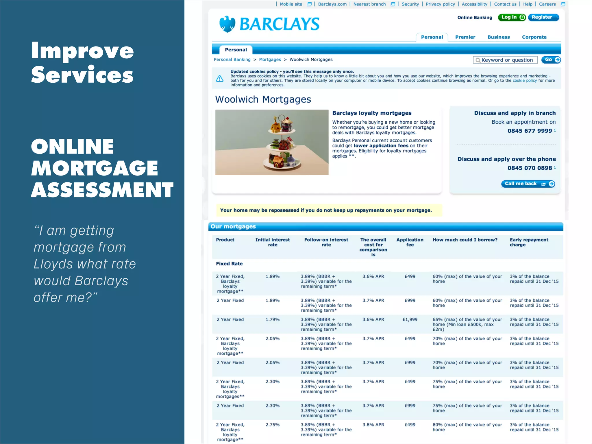 Improve
Services
!
!
ONLINE
MORTGAGE
ASSESSMENT
“I am getting
mortgage from
Lloyds what rate
would Barclays
offer me?”
 