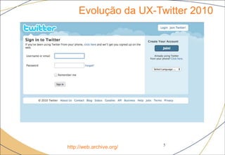Evolução da UX-Twitter 2010
5
http://web.archive.org/
 