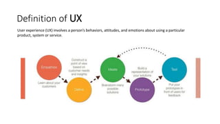 Definition of UX
User experience (UX) involves a person’s behaviors, attitudes, and emotions about using a particular
product, system or service.
 