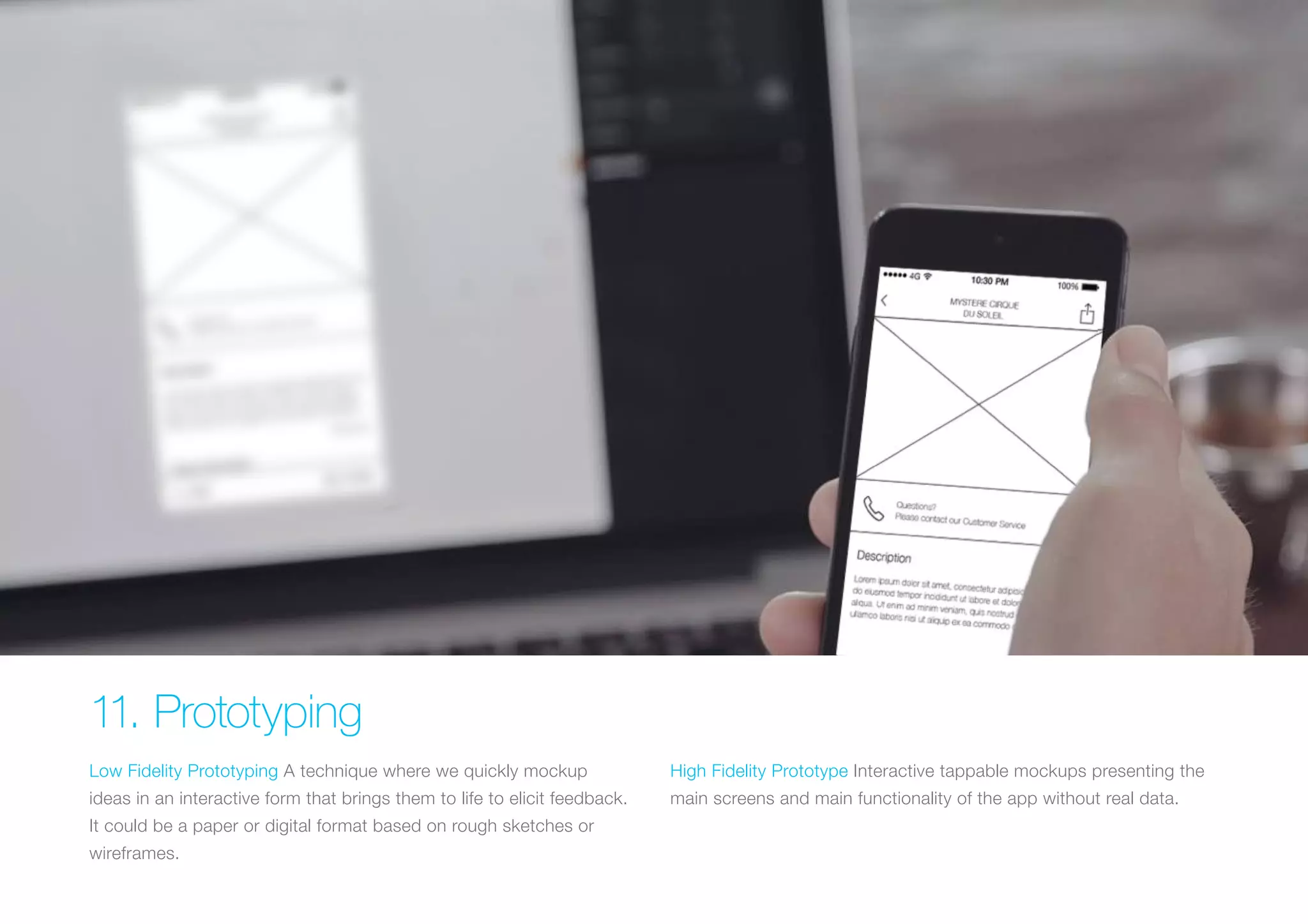 (Replace with full screen background image) 
11. Prototyping 
Low Fidelity Prototyping A technique where we quickly mockup 
ideas in an interactive form that brings them to life to elicit feedback. 
It could be a paper or digital format based on rough sketches or 
wireframes. 
High Fidelity Prototype Interactive tappable mockups presenting the 
main screens and main functionality of the app without real data. 
 