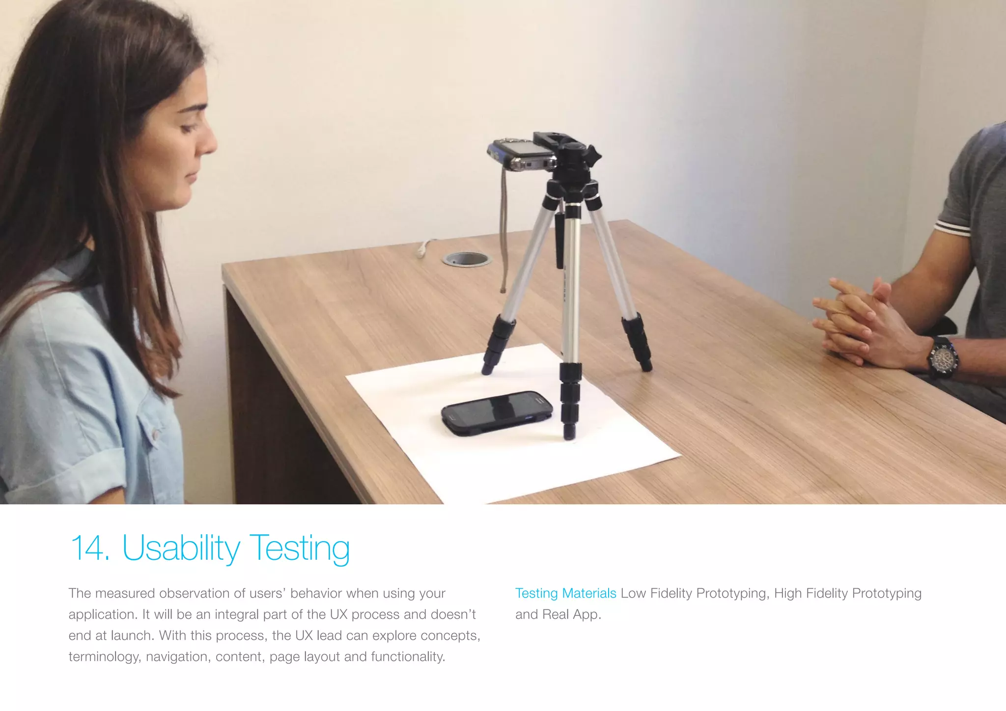 (Replace with full screen background image) 
14. Usability Testing 
The measured observation of users’ behavior when using your 
application. It will be an integral part of the UX process and doesn’t 
end at launch. With this process, the UX lead can explore concepts, 
terminology, navigation, content, page layout and functionality. 
Testing Materials Low Fidelity Prototyping, High Fidelity Prototyping 
and Real App. 
 