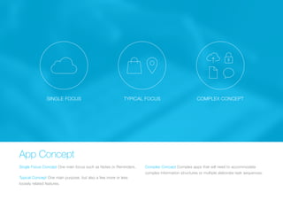(Replace with full screen background image) 
SINGLE FOCUS TYPICAL FOCUS COMPLEX CONCEPT 
App Concept 
Single Focus Concept One main focus such as Notes or Reminders. 
Typical Concept One main purpose, but also a few more or less 
loosely related features. 
Complex Concept Complex apps that will need to accommodate 
complex information structures or multiple elaborate task sequences. 
 
