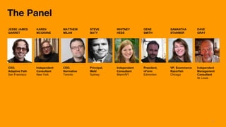 The Panel
JESSE JAMES     KAREN         MATTHEW     STEVE        WHITNEY       GENE         SAMANTHA        DAVE
GARRET          MCGRANE       MILAN       BATY         HESS          SMITH        STARMER         GRAY




CXO,            Independent   CEO,        Principal,   Independent   President,   VP, Ecommerce   Independent
Adaptive Path   Consultant    Normative   Meld         Consultant    nForm        Razorfish       Management
San Francisco   New York      Toronto     Sydney       Miami/NY      Edmonton     Chicago         Consultant
                                                                                                  St. Louis




                                                                                                           9
 