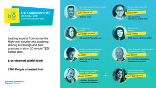 Leading experts from across the
High tech industry and academy,
sharing knowledge and best
practices in short 20 minute TED
format talks.
Live steamed World Wide!
2500 People attended live!
 